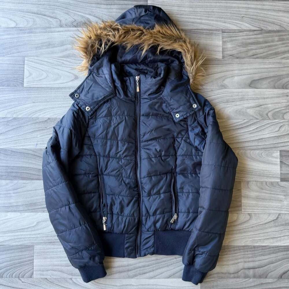 Vintage Y2K L2 Navy Faux Fur Trim Hooded Puffer Jacket